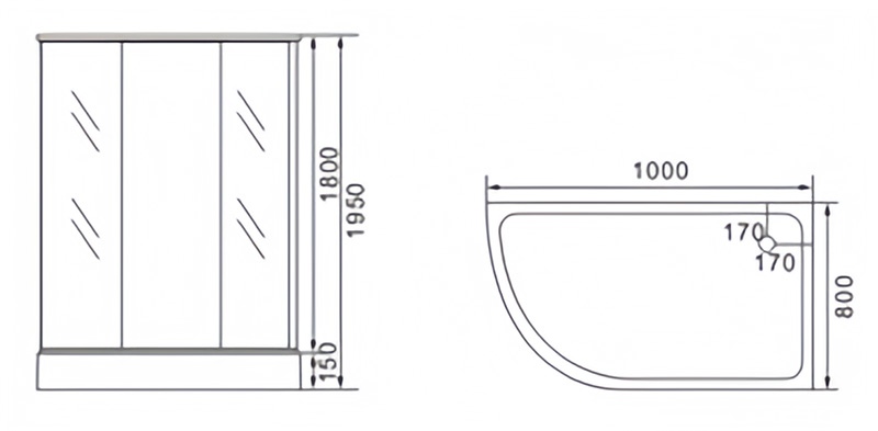 Cabin on asymmetric shower tray