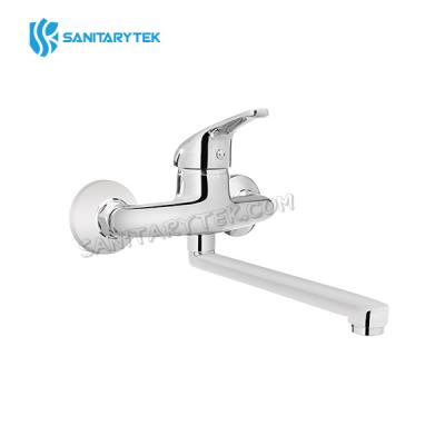Wall-mounted sink faucet, with flat spout pipe, chrome