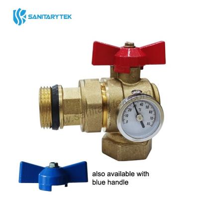 Angle ball valve with pipe union and thermometer, butterfly handle