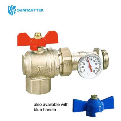 Angle ball valve with thermometer-holder and thermometer