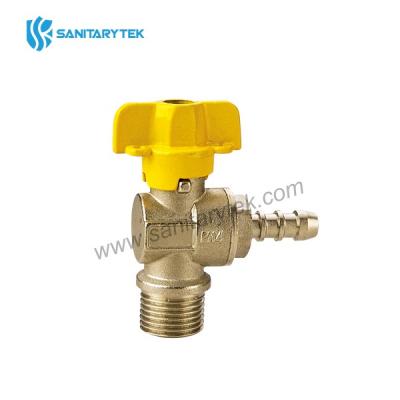 Angle gas ball valve with hose connection, yellow butterfly handle