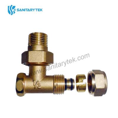 Angle lockshield valve with compression fitting for radiator to 16 mm multilayer pipe