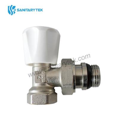 Angle radiator valve with manual handle, tail piece with auto-seal