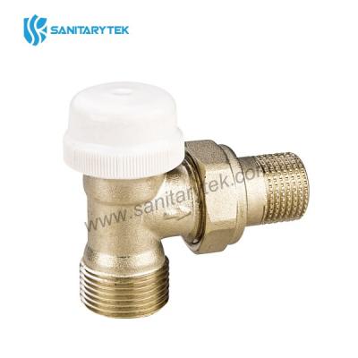 Angle thermostatic radiator valve with male connection and protection cap