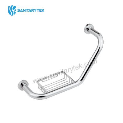 Angled grab bar with soap basket stainless steel