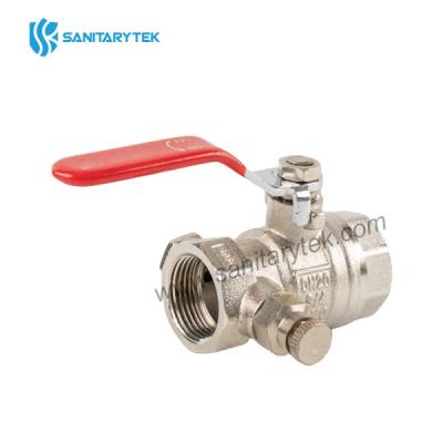 Ball valve with manual air-vent and plug, red steel flat handle, FxF