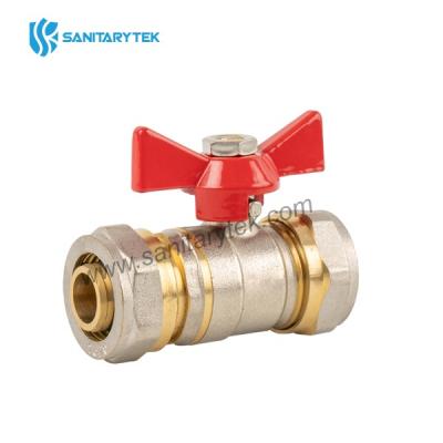 Ball valve with red butterfly handle for multilayer pipe