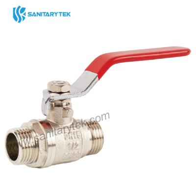 Brass ball valve M-M with red steel flat handle, full bore