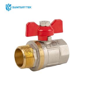 Brass ball valve MxF with a red butterfly handle, full bore