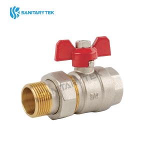 Brass ball valve MxF with union connector and a red butterfly handle