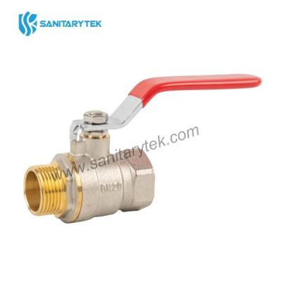Brass ball valve female/male, red steel flat handle