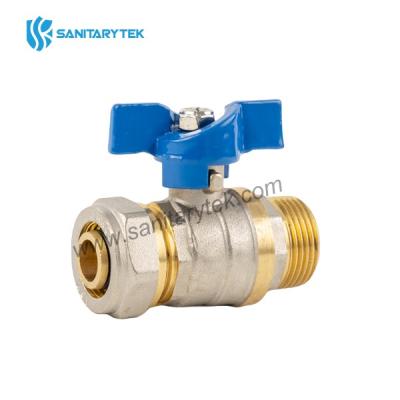 Brass ball valve male for multilayer pipe, blue butterfly handle
