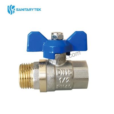 Brass ball valve MxF with blue butterfly handle, full bore