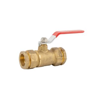 Brass ball valve with PE pipe connections, red plastic coated steel flat handle