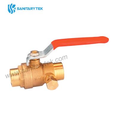 Brass ball valve with drain for soldering, red steel flat handle