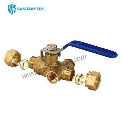 Brass ball valve with drain plug connection, 2 x compression, blue lever handle