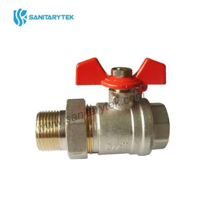 Brass ball valve with pipe union connection, red butterfly handle