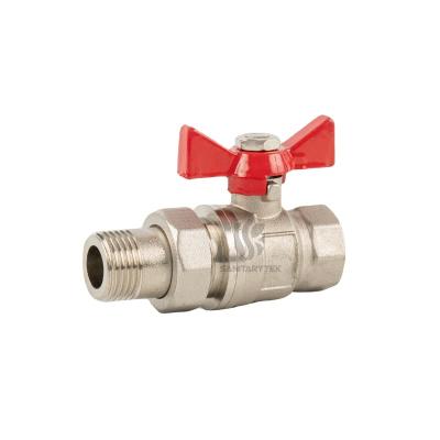 Brass ball valve with pipe union, with red aluminum butterfly handle