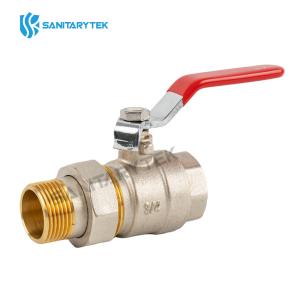 Brass ball valve with union pipe MF thread and red steel flat handle