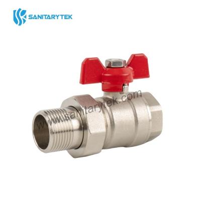 Brass ball valve with union, red butterfly handle