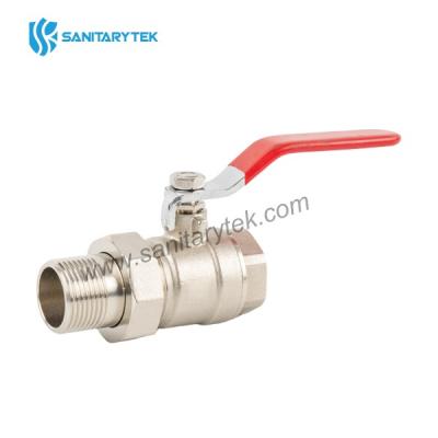 Brass ball valve with union, red steel flat handle