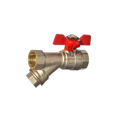 Brass ball valve with Y filter, red butterfly handle