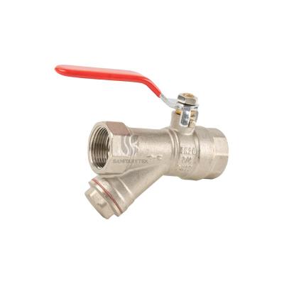 Brass ball valve with Y filter, red steel flat handle, nickel plated