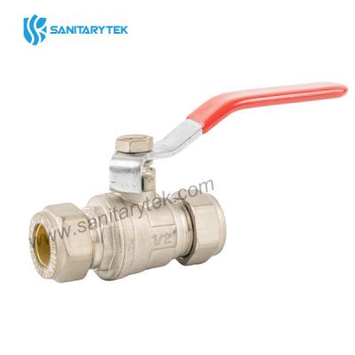 Brass compression ball valve for copper pipe, red steel flat handle