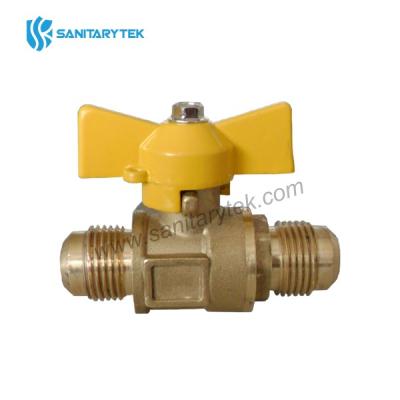 Brass gas ball valve, flare x flare, yellow butterfly handle