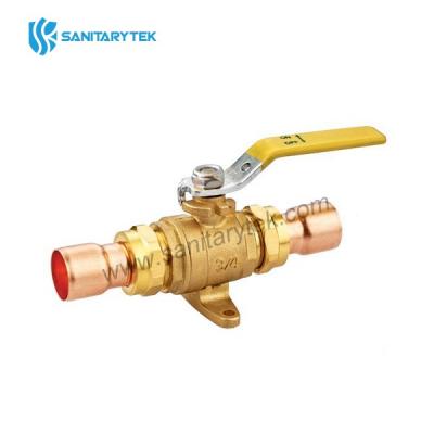 Brass gas ball valve with feet, yellow steel flat handle