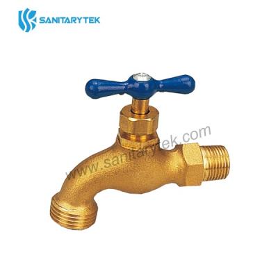 Brass hose bibb with blue handle