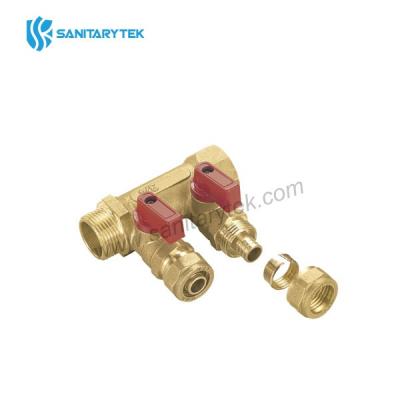 Brass manifold with ball valve with compression exits for Pex pipe
