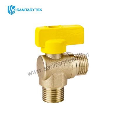 Male/male gas angle ball valve, yellow butterfly handle