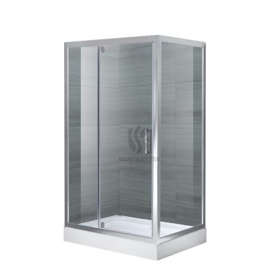 Rectangular pivot door shower enclosure with tray