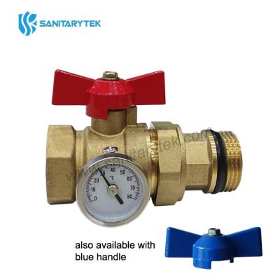 Straight ball valve with pipe union and thermometer, butterfly handle