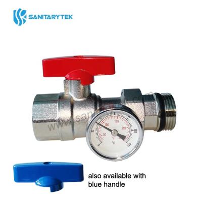 Straight ball valve with thermometer and pipe union, butterfly handle