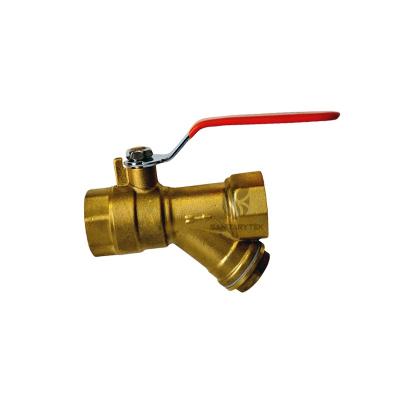 Brass ball valve with Y-filter, red steel flat handle, F/F