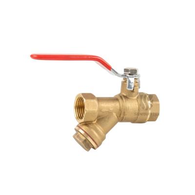 Y-type brass strainer filter ball valve, red steel flat handle